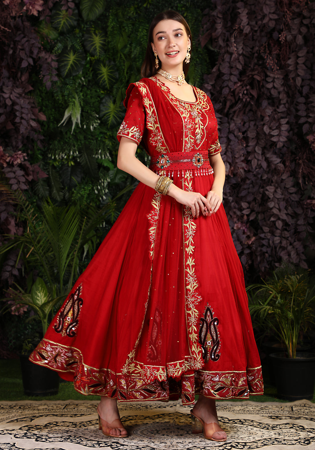 Miracolos By Ruchi's Classy Red colored Embroidered Anarkali  - Rent