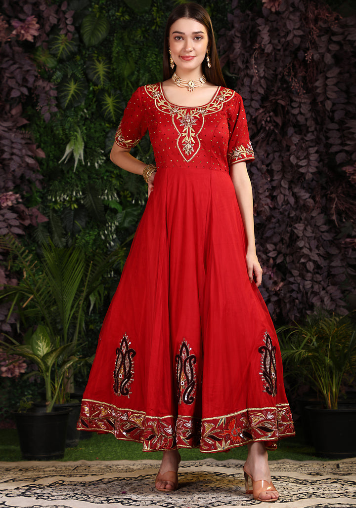 Miracolos By Ruchi's Classy Red colored Embroidered Anarkali  - Rent