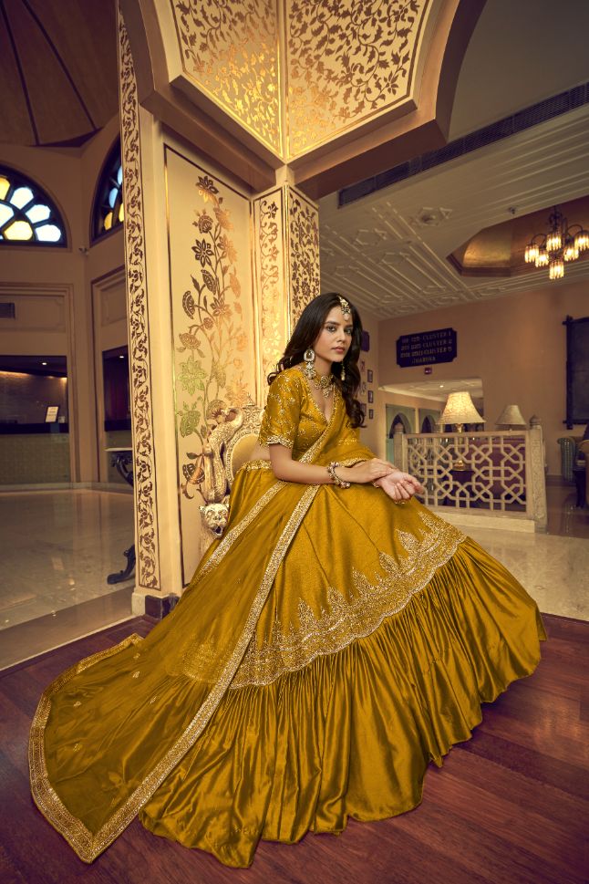 Yellow Lino Silk Semi Stitched Lehenga - Rent