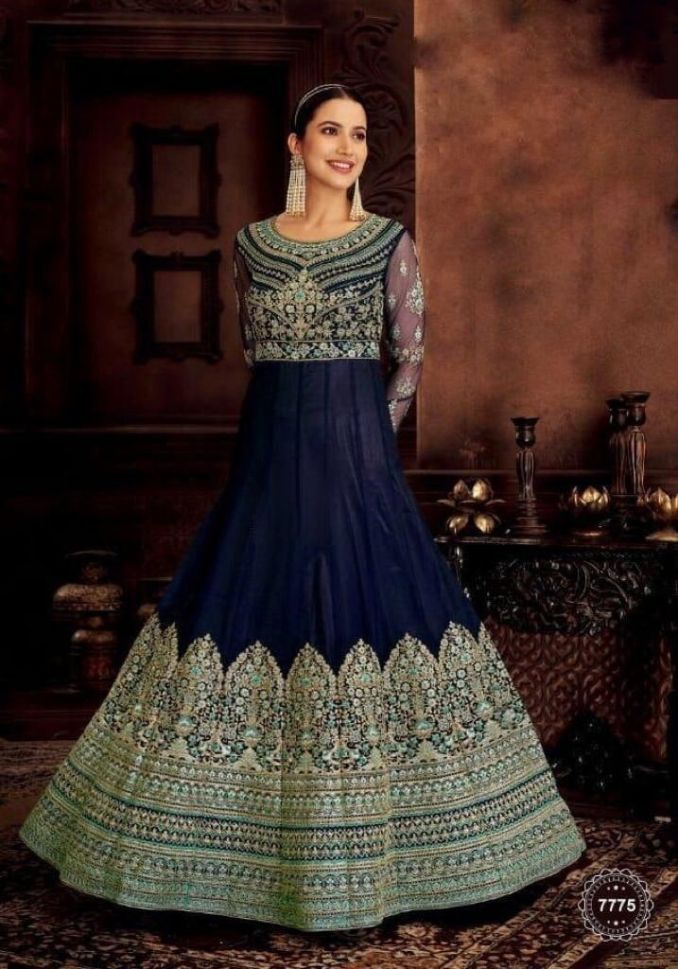 Heavy Embroidered Navy Blue Net Bridal Anarkali Suit - Rent