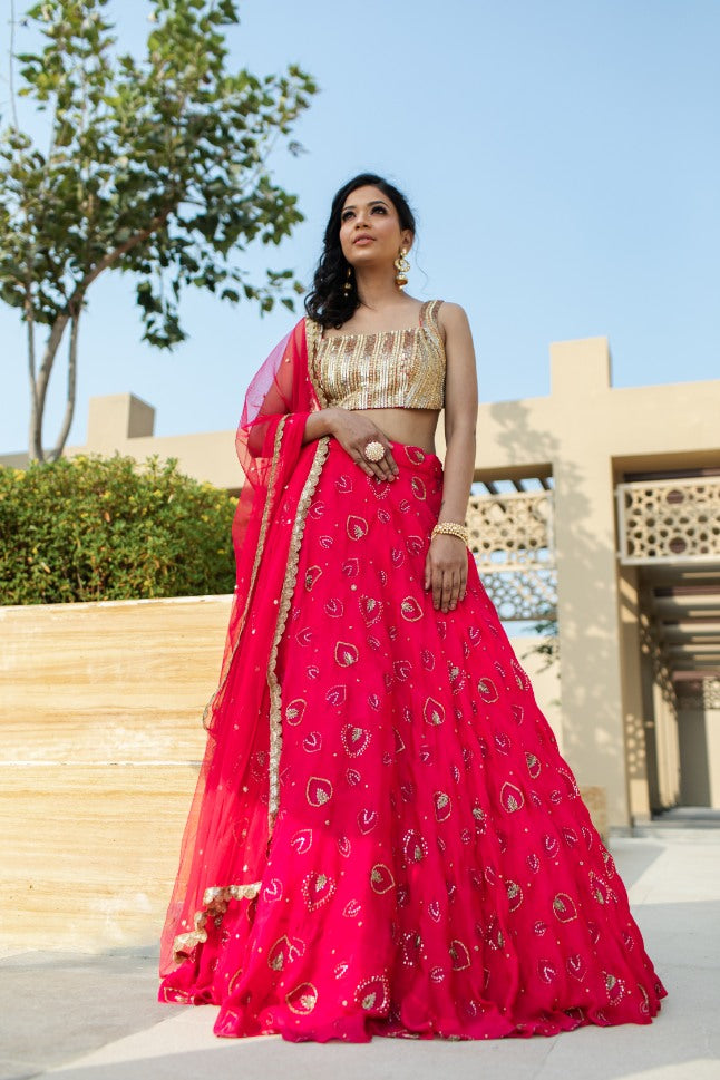 Fuschia Pink with Satin Blouse Net Lehenga for Brides - Buy