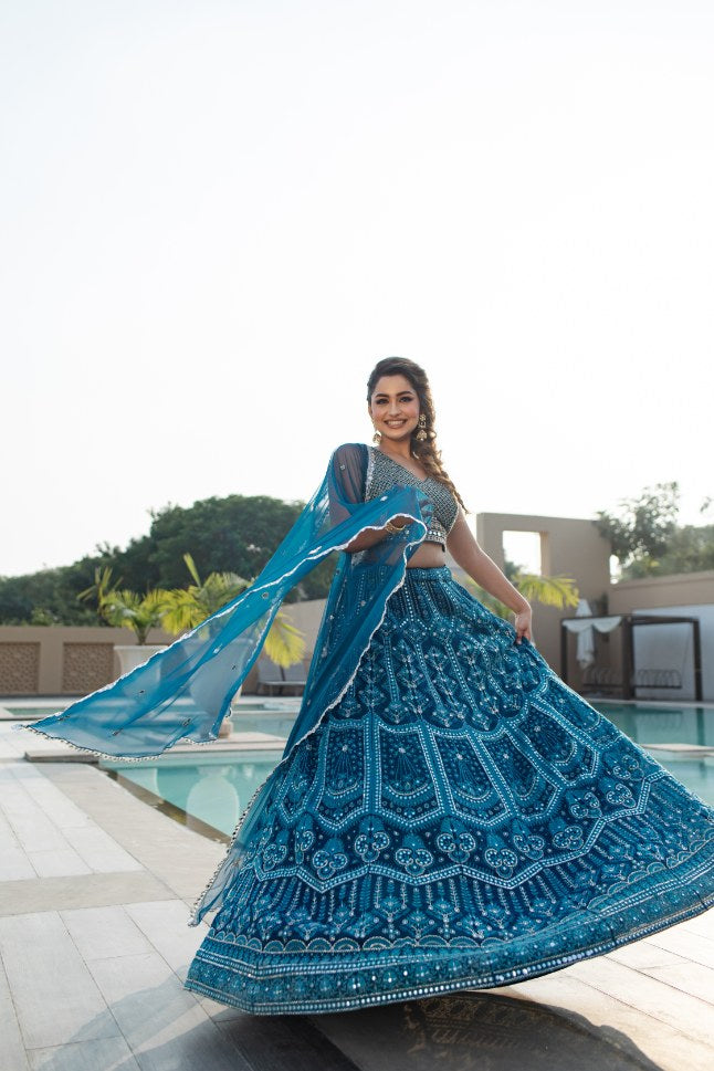 Electric Blue Georgette Sequence Lehenga for Bridesmaid - Buy