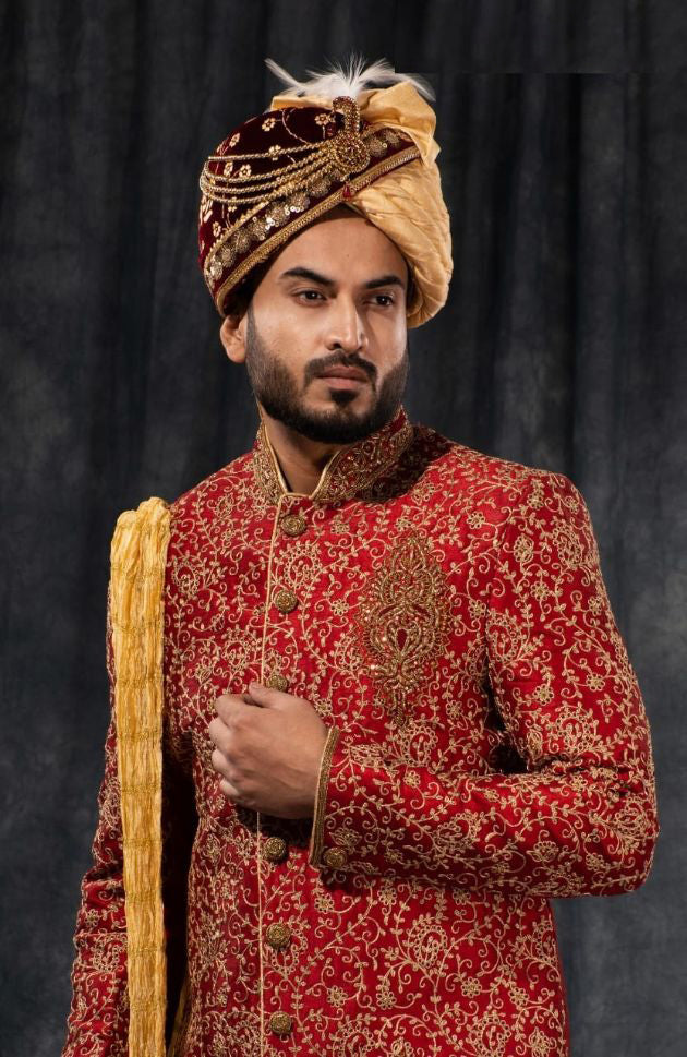 Maroon & Gold Zari Embroidered Wedding Sherwani - Rent