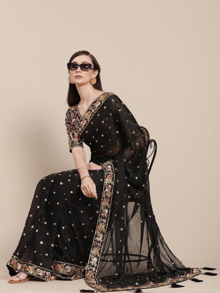 Black Partywear Designer Saree - Rent - Glamourental