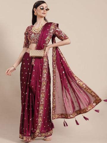 Wine Partywear Silk Designer Saree - Rent