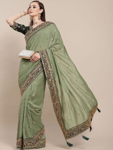 Green Silk Partywear Sequins Work Saree - Rent