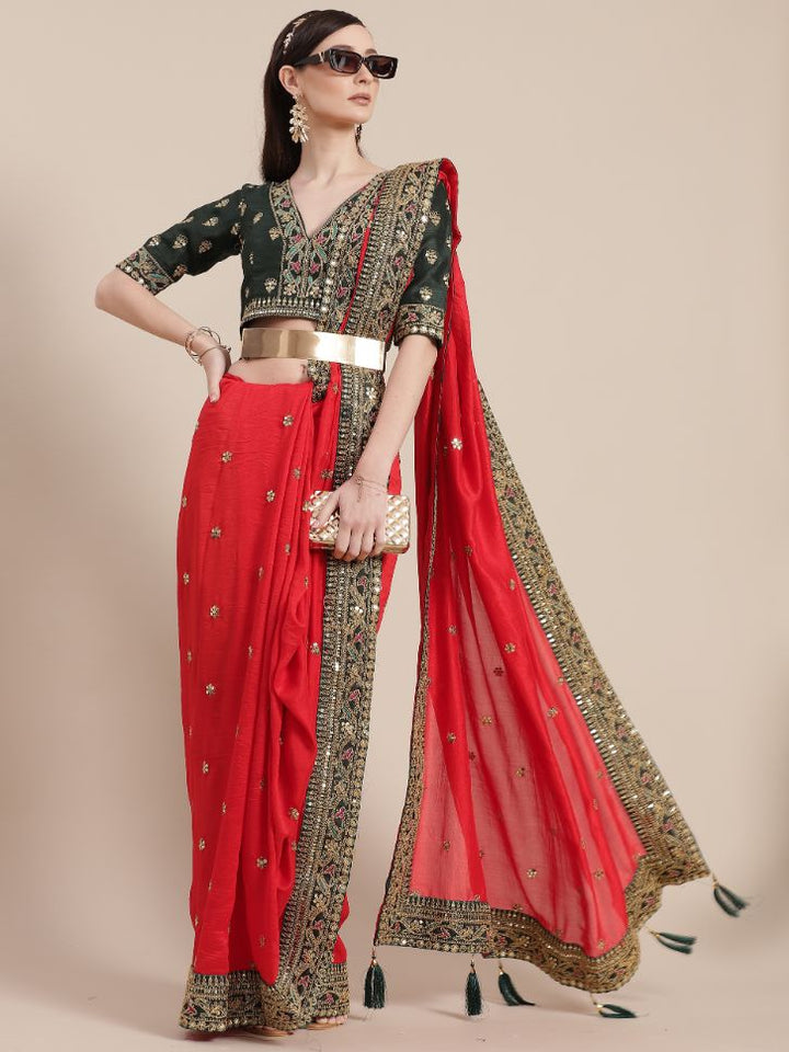Red Silk Partywear Sequins Work Saree - Rent