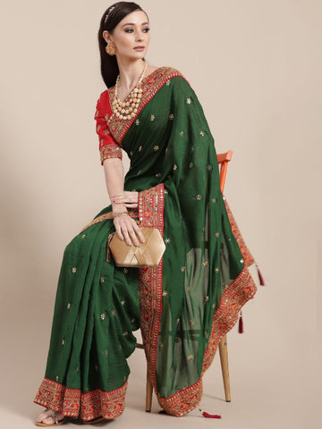 Dark Green Silk Partywear Sequins Work Saree - Rent