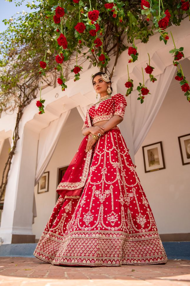 Elegant Red Color Raw Silk Wedding Lehenga - Buy