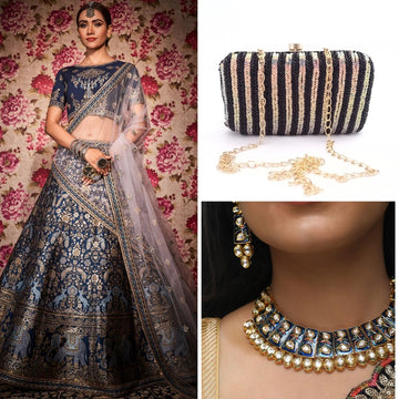 Navy Blue Banarasi Silk Lehenga Set + Black rainbow Sequin Clutch + Meenakari Choker Set - Rent