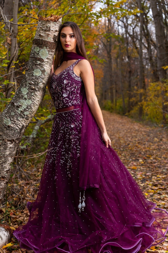 Grape wine zardozi embroidered gown with cap sleeve | Gown party wear,  Ladies gown, Embroidered gown