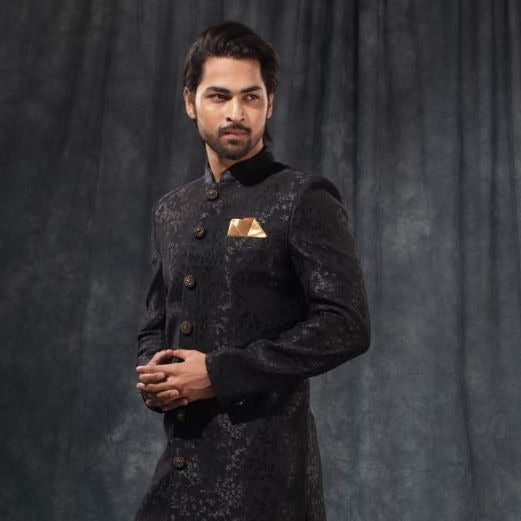 Elegant Black & Grey Embroidered Wedding Sherwani - Rent