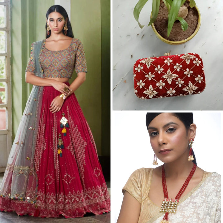 Raani Georgette Wedding Lehenga Choli For Women + Maroon Floral Hand-embroidered Clutch + Red Pearl & Kundan Desinger Pendant Neckpiece with Earrings - Rent