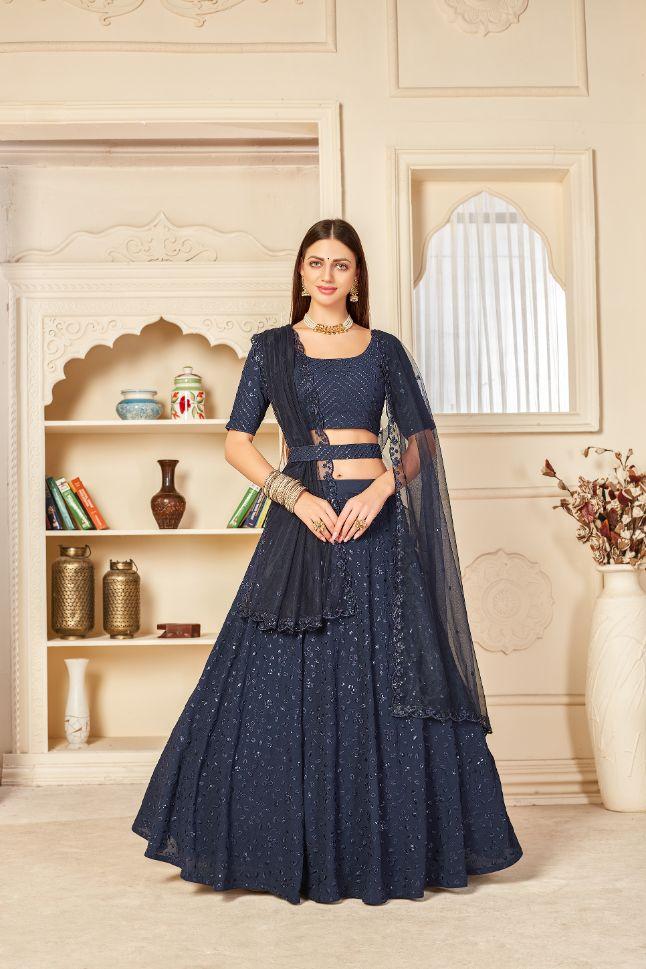 Navy Blue Georgette Partywear Lehenga Set + Antique Gold Flapover Handembroidered Clutch + White Choker Set With Pearls - Rent
