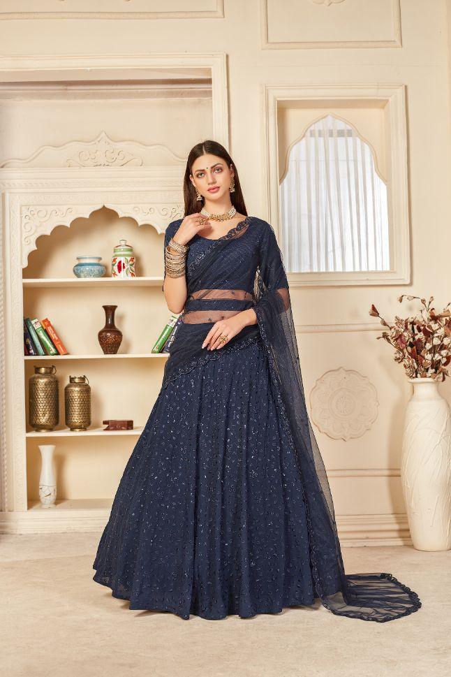 Pink With Navy Blue Embroidered Semi Stitched Bridal Lehenga