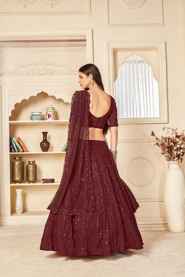 Dazzling Embroidered Work Georgette Fabric Maroon Color Sangeet Wear L