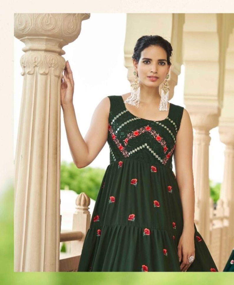 Olive Green Multi Embroidered Flared Anarkali Gown - Rent