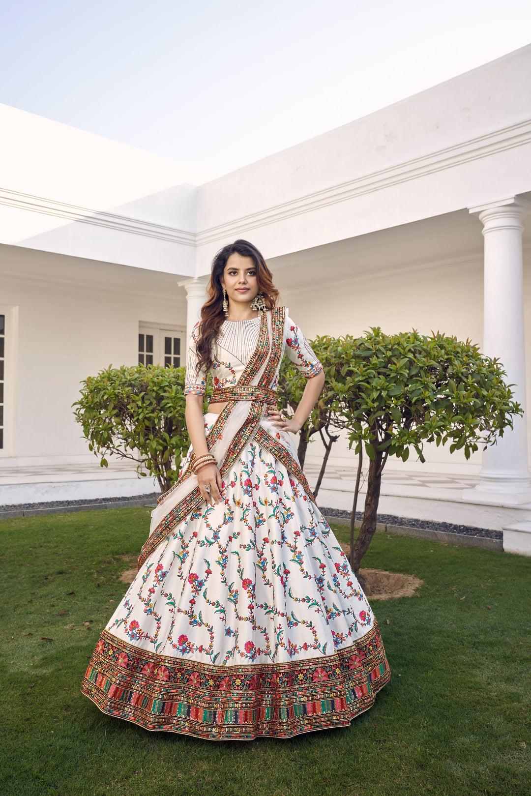 White Embroidered Sequined  Lehenga  With Dupatta - Rent