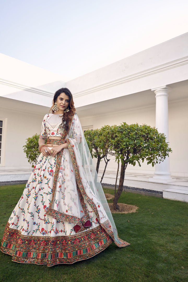White Embroidered Sequined  Lehenga  With Dupatta - Rent
