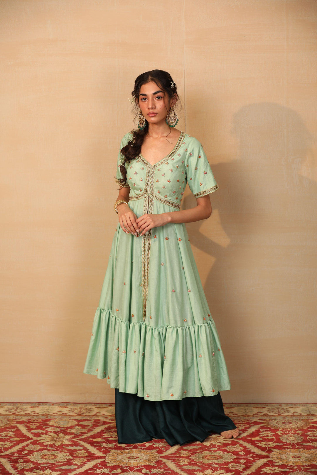 Mint and Dark Green Tiered Jacket Sharara for Rent - Glamourental