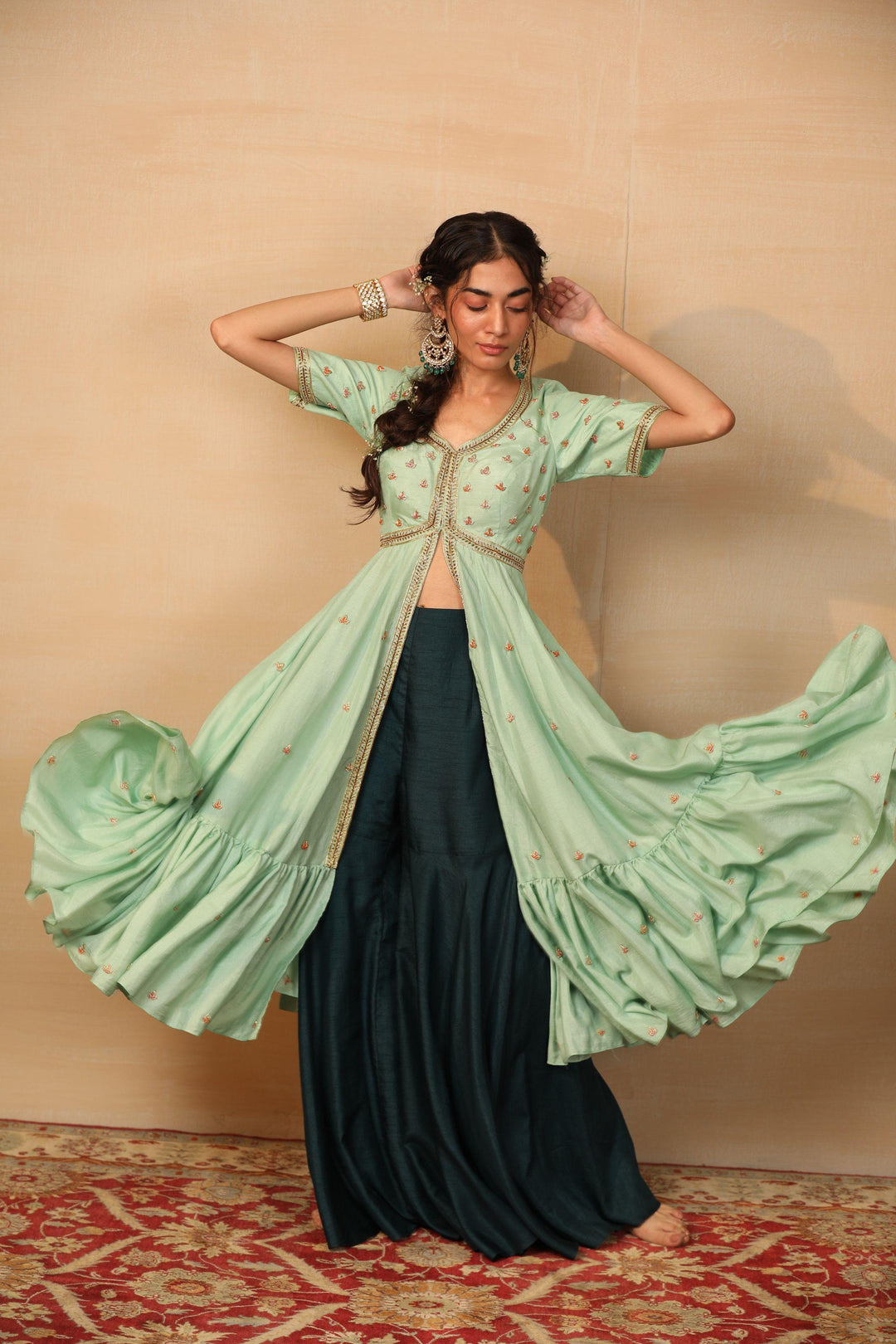 Mint and Dark Green Tiered Jacket Sharara for Rent - Glamourental