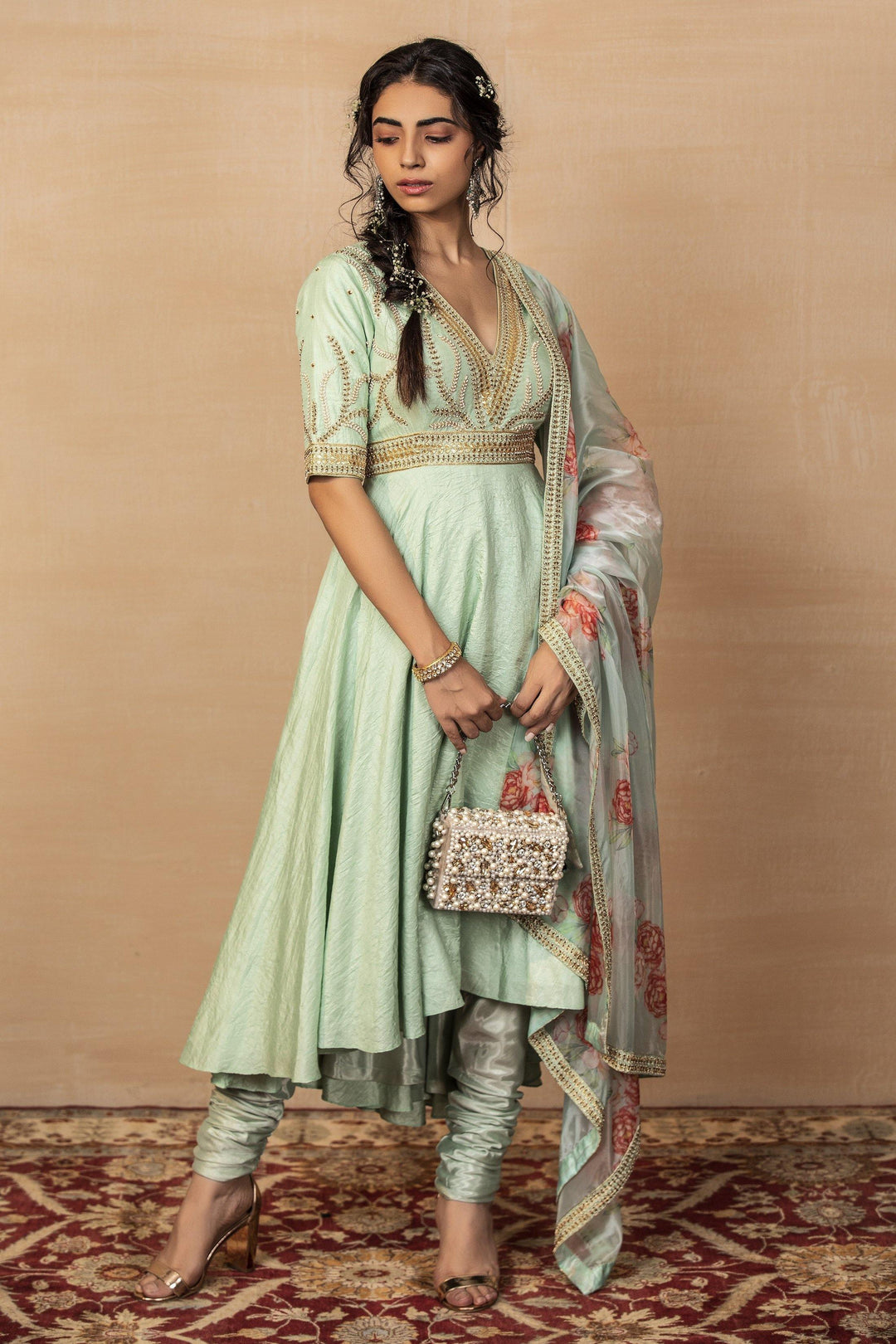 Mint Green High Low Anarkali Churidar with Dupatta for Rent - Glamourental
