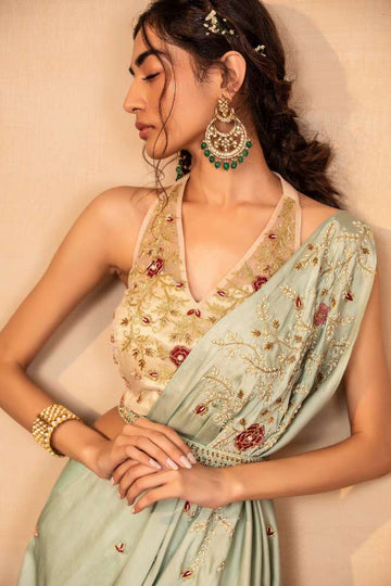 Designer Rashika's Mint Drape Saree with Gold Organza Blouse - Rent