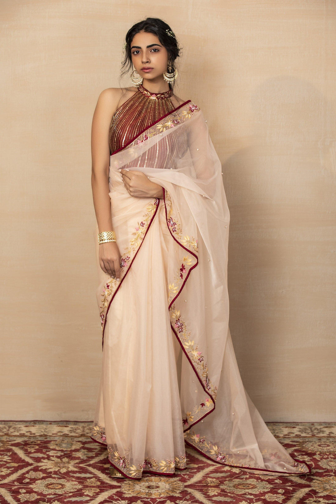 Peach Saree with Maroon Halter Blouse for Rent - Glamourental