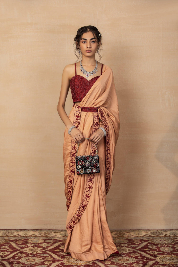 Rent Peach Saree with belted blouse - Glamourental
