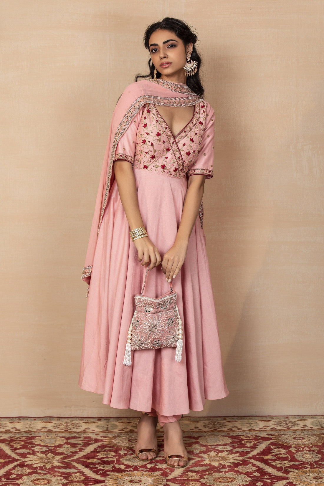 Light Pink Silk Anarkali Churidar Suit with Dupatta for Rent - Glamourental