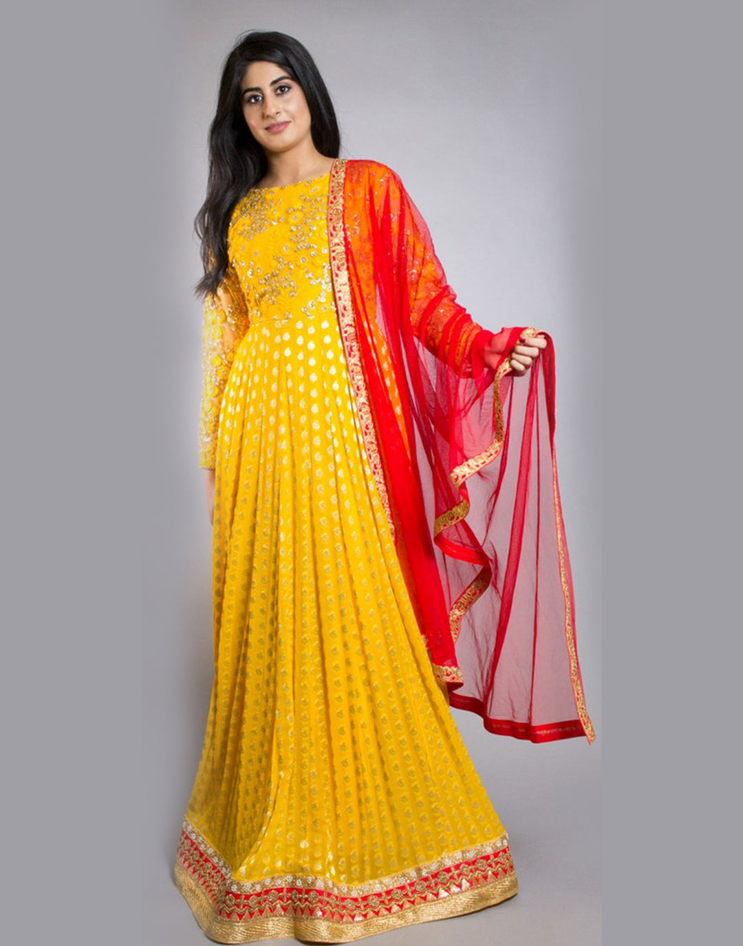 Rent Yellow Brocade Anarkali With Red Dupatta-Women-Glamourental