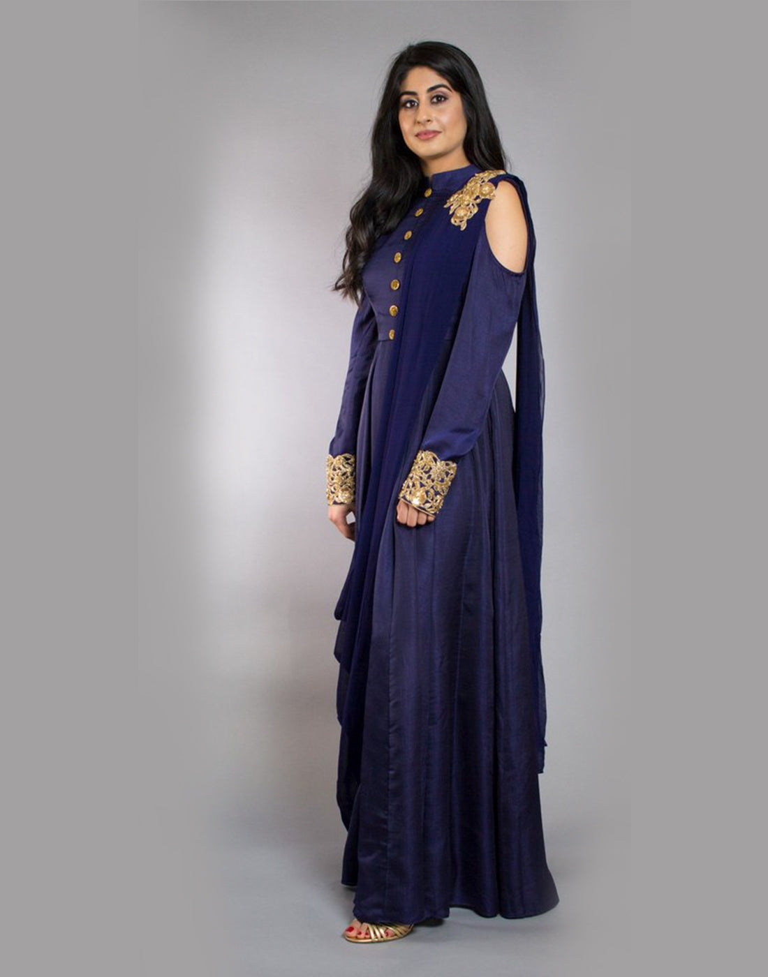 Mandira Wirk Embroidered Pre-draped Saree Gown | Peach, Viscose Georgette,  Round, Full | Draped saree gown, Saree gown, Saree gowns