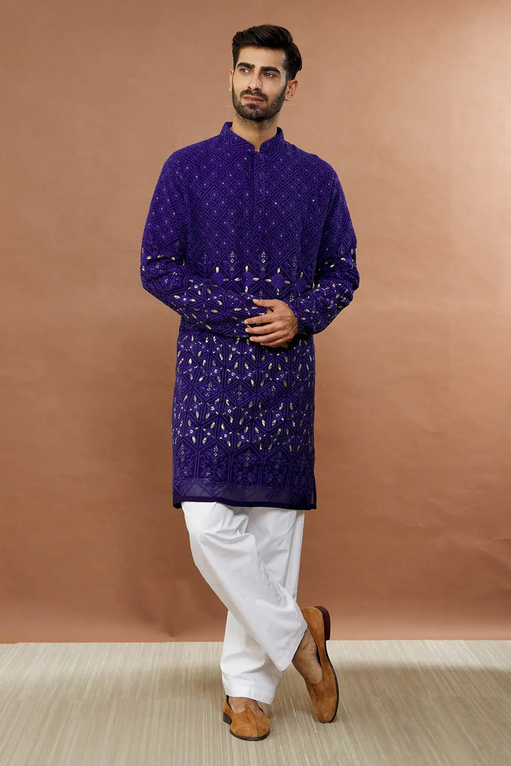 Aham Vayam's Purple Cotton Embroidered Kurta Set- Rent
