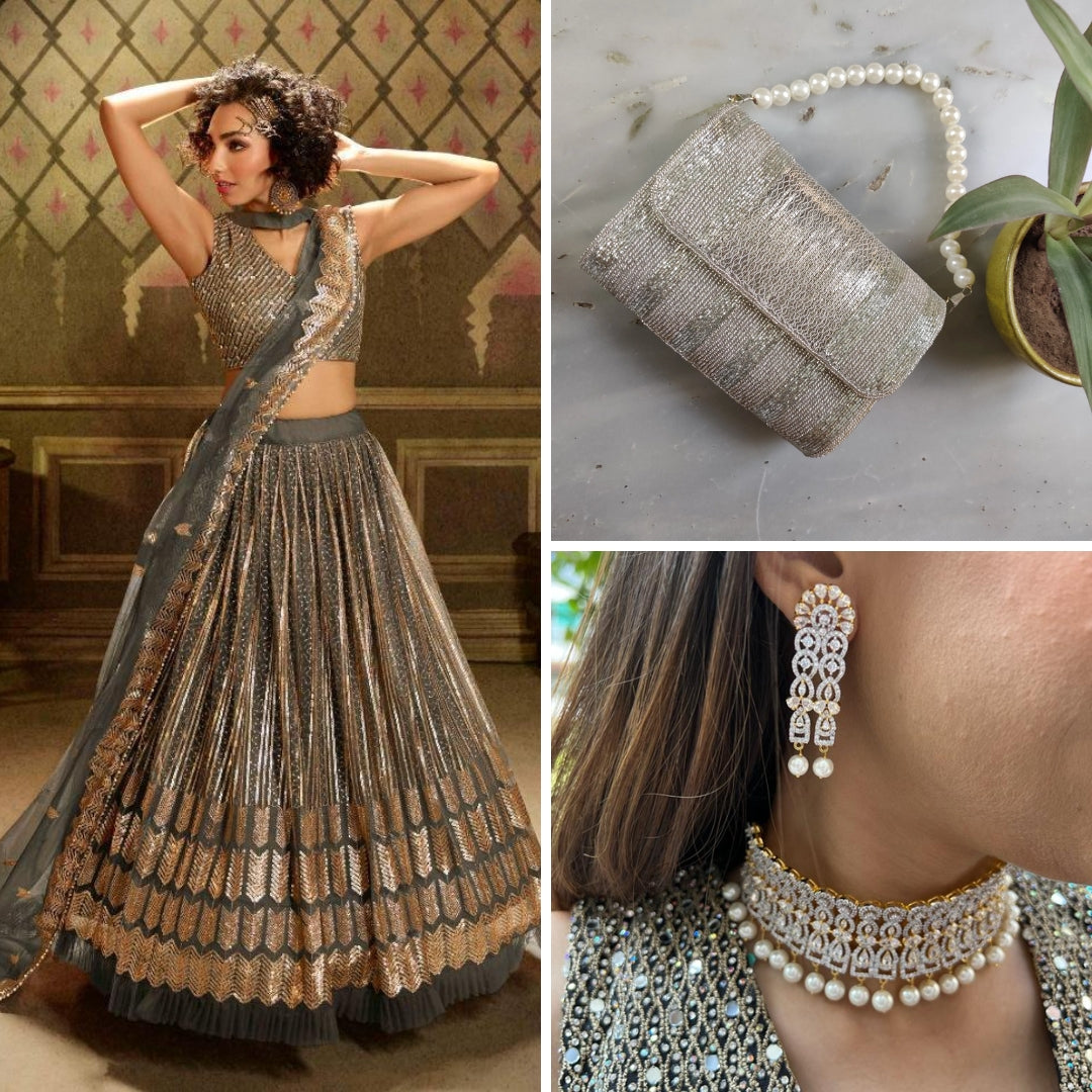 Grey Soft Net Party Wear Lehenga Set + Gold Plated Necklace Set with pearls + Silver beaded Flapover - Rent