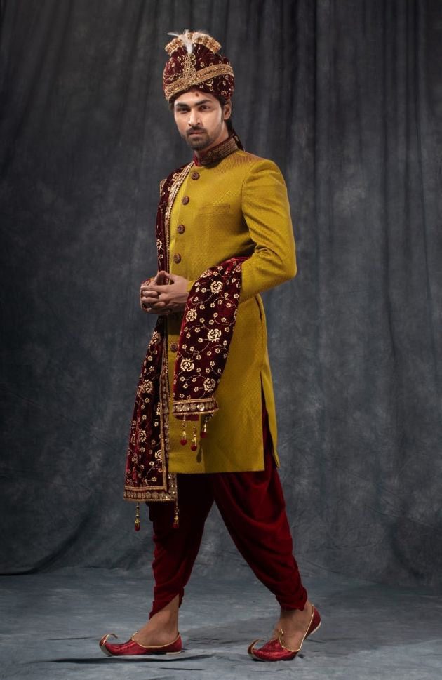 Yellow & Maroon Zari Embroidered Wedding Sherwani - Rent