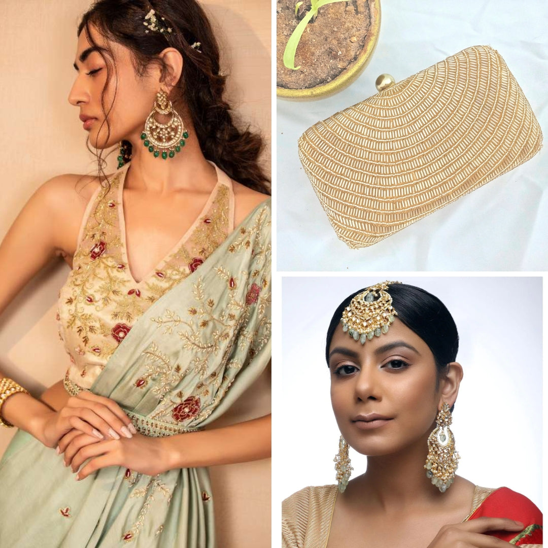 Mint Drape Saree with Gold Organza Blouse for + Classic Pearl Clutch + Kundan Teeka With Earrings