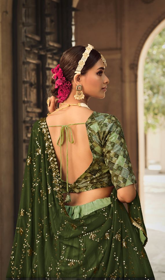 Green Color Sequins Work Silk Lehenga Choli - Rent