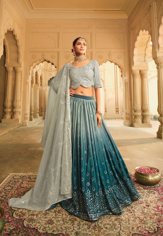 Grey and Blue Embroidered Lehenga - Rent