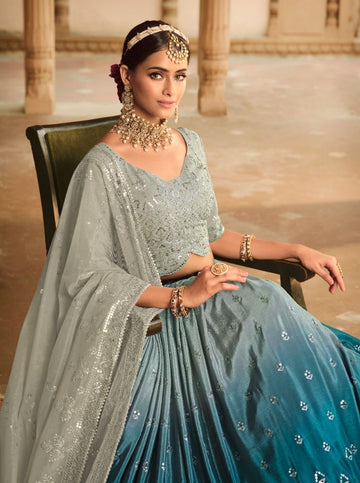 Grey and Blue Embroidered Lehenga - Rent