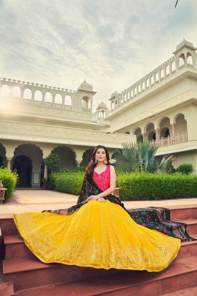 Yellow and Deep Pink Color Georgette Lehenga - Rent
