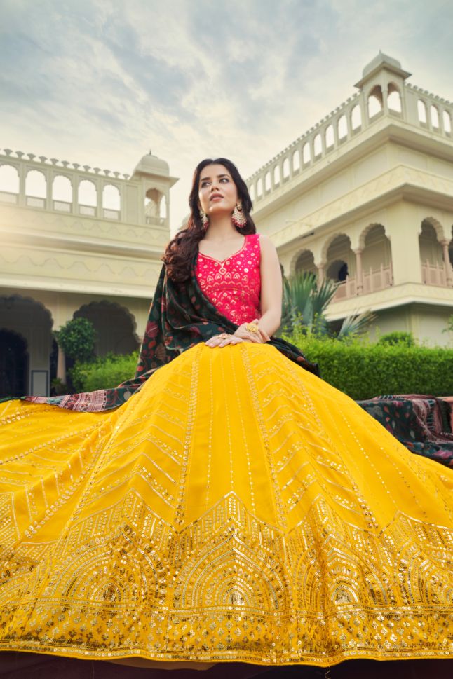 Yellow and Deep Pink Color Georgette Lehenga - Rent