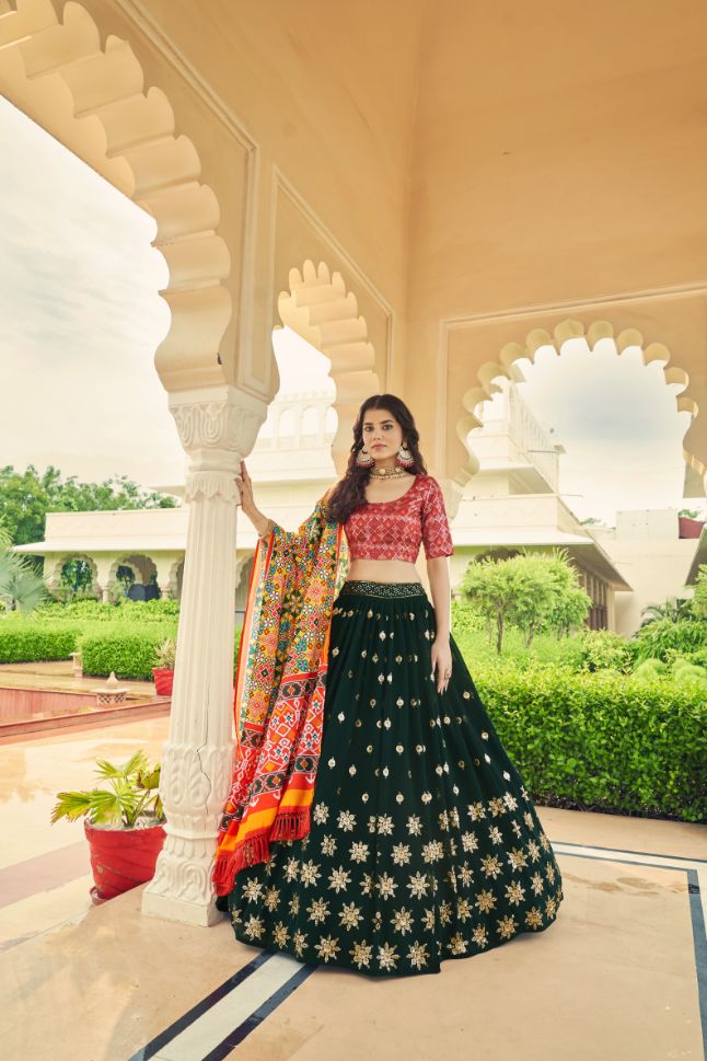 Pink and Green Color Georgette Lehenga - Rent