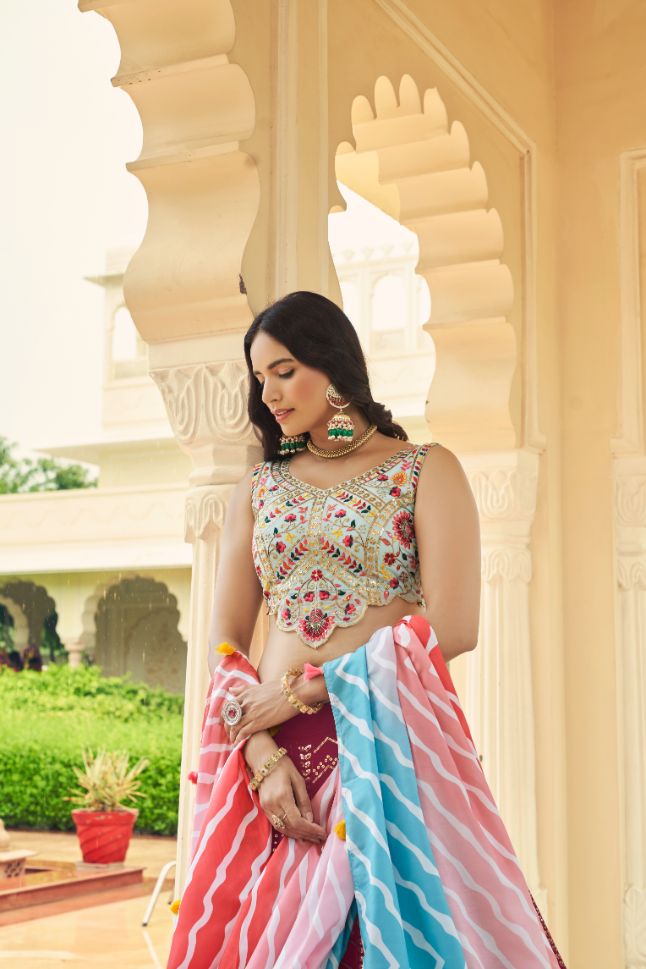 Dusty Pink and Sky Blue Color Georgette Lehenga - Rent
