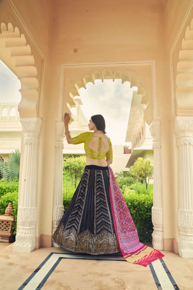 Navy Blue and Green Color Georgette Lehenga - Rent