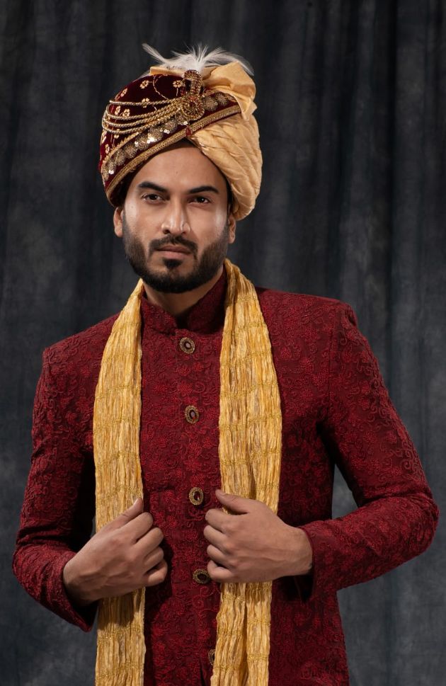 Maroon & Gold Embroidered Sherwani - Rent