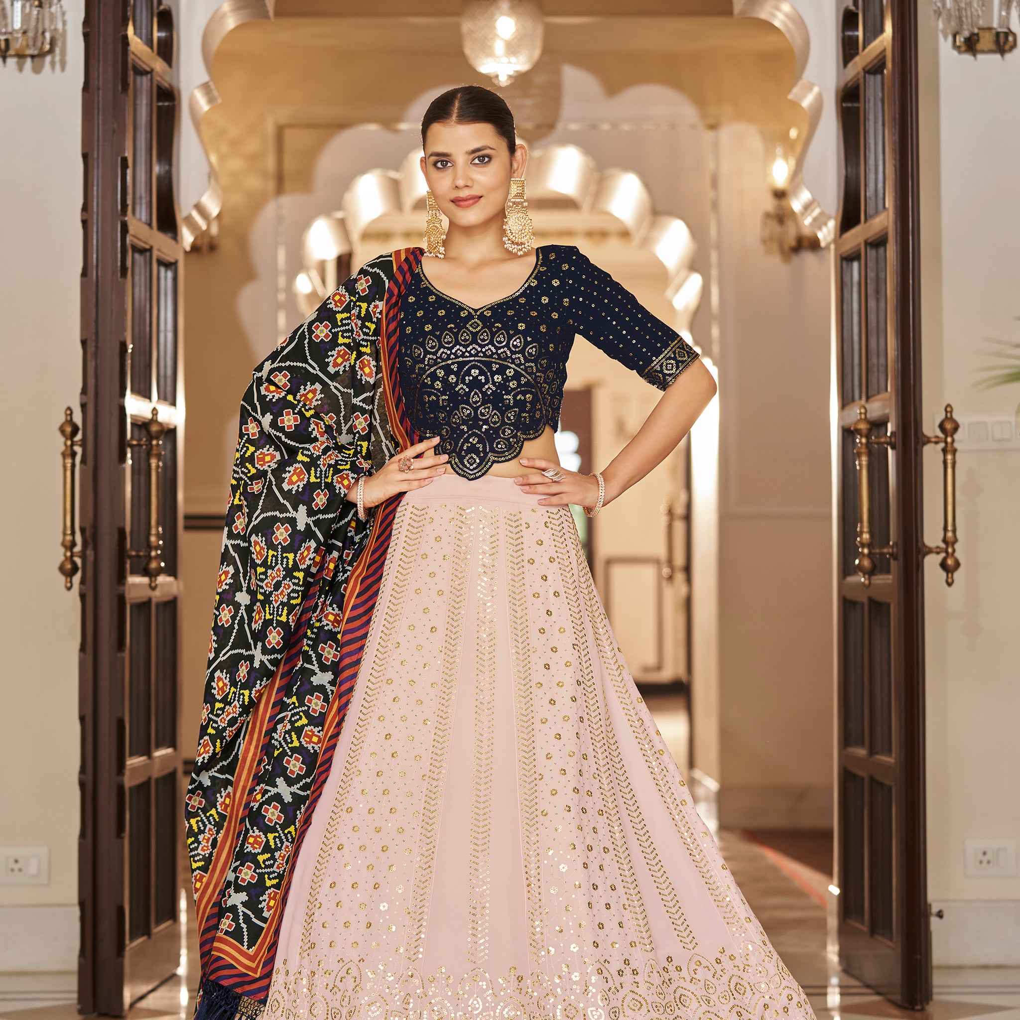 Elegant Navy blue Sequins Work Lehenga - Rent