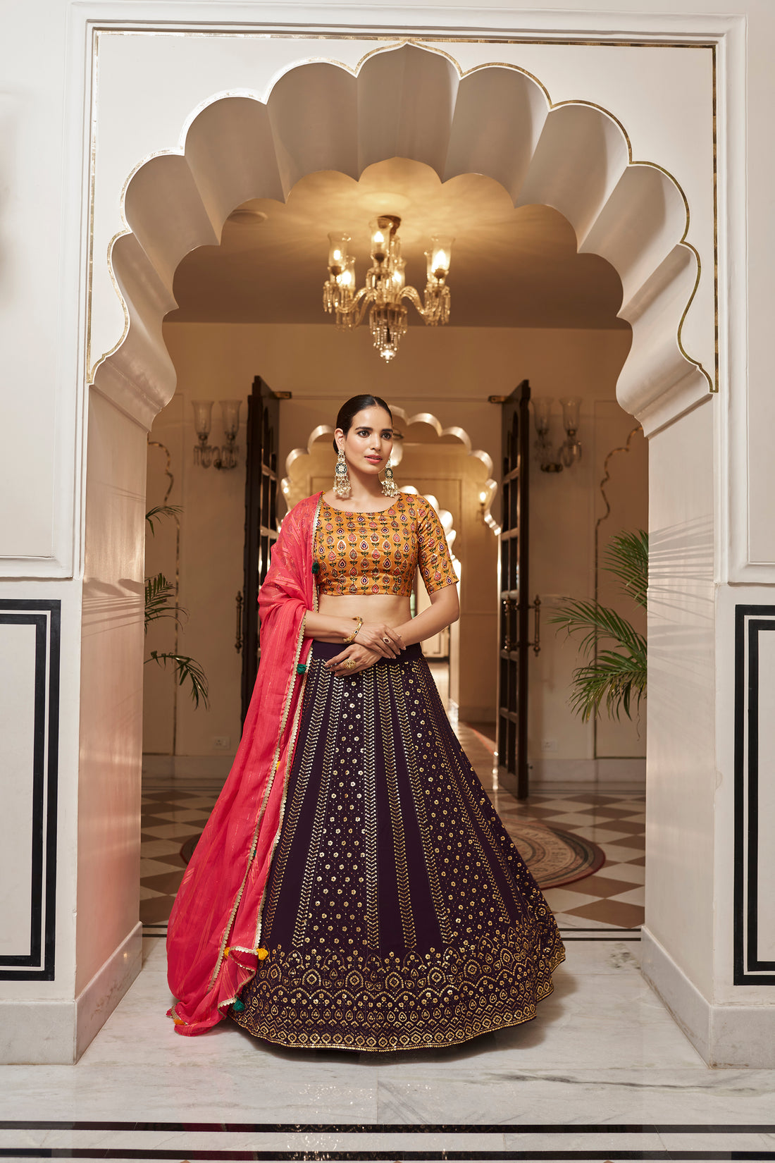 Elegant Purple and yellow Sequins Work Lehenga - Rent