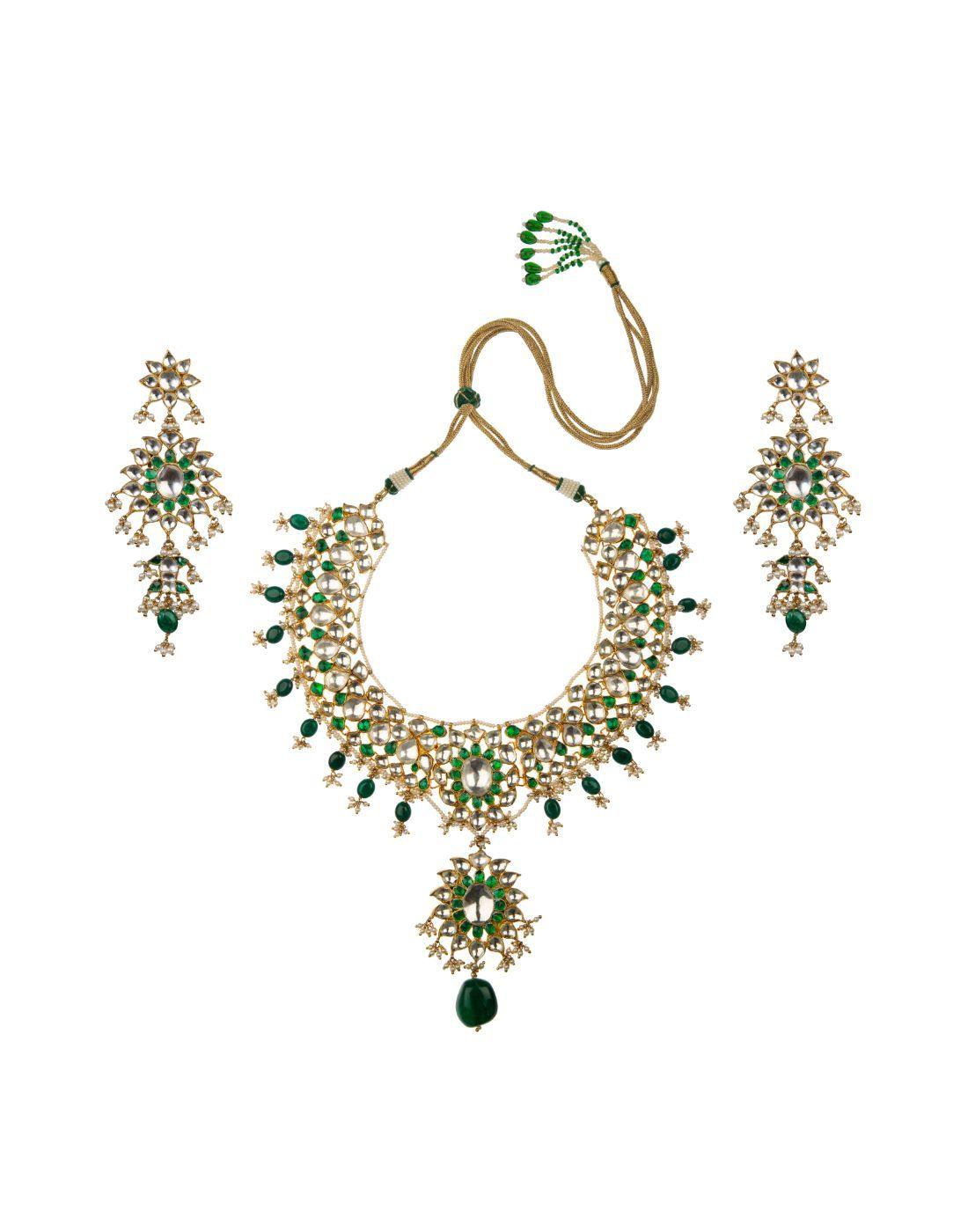 22k Gold Plated Emerald & Ivory Pearl Bridal Necklace Set