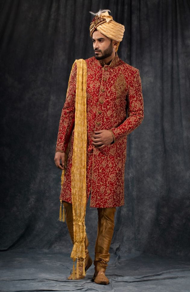 Maroon & Gold Zari Embroidered Wedding Sherwani - Rent