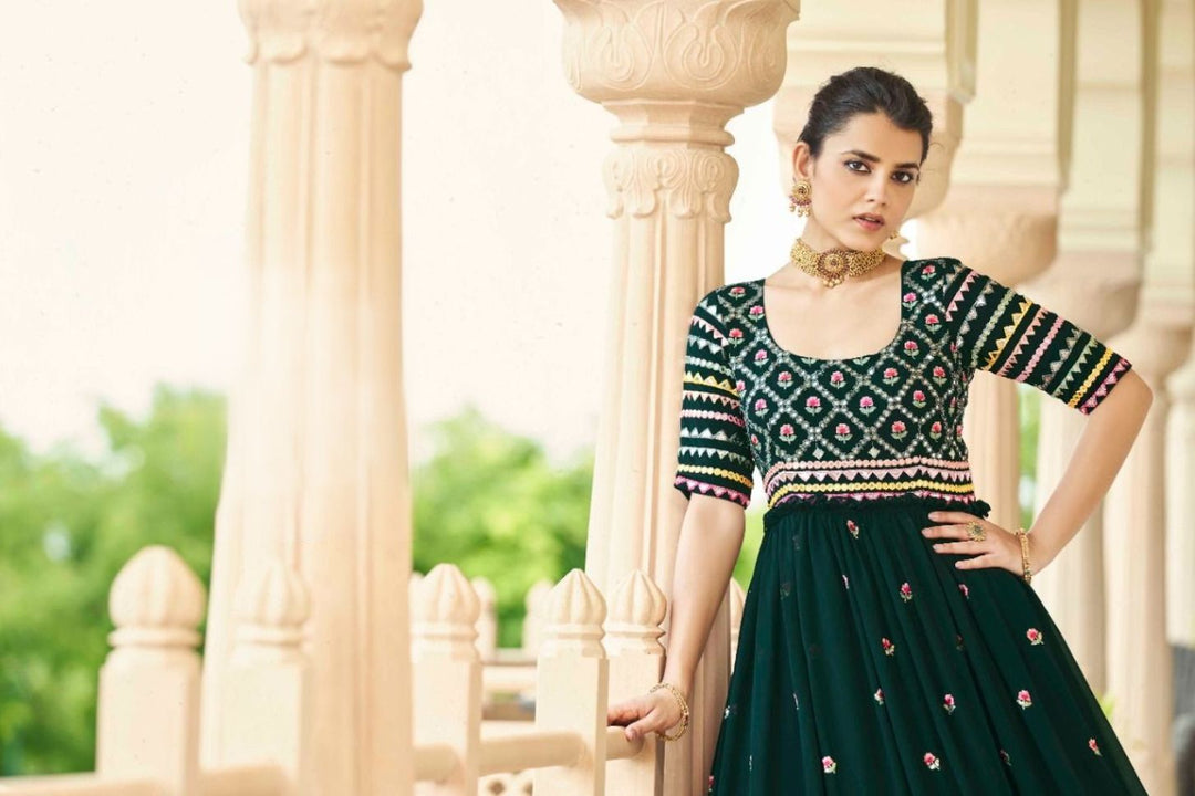 Dark Green Designer Work Flared Anarkali Gowns - Rent